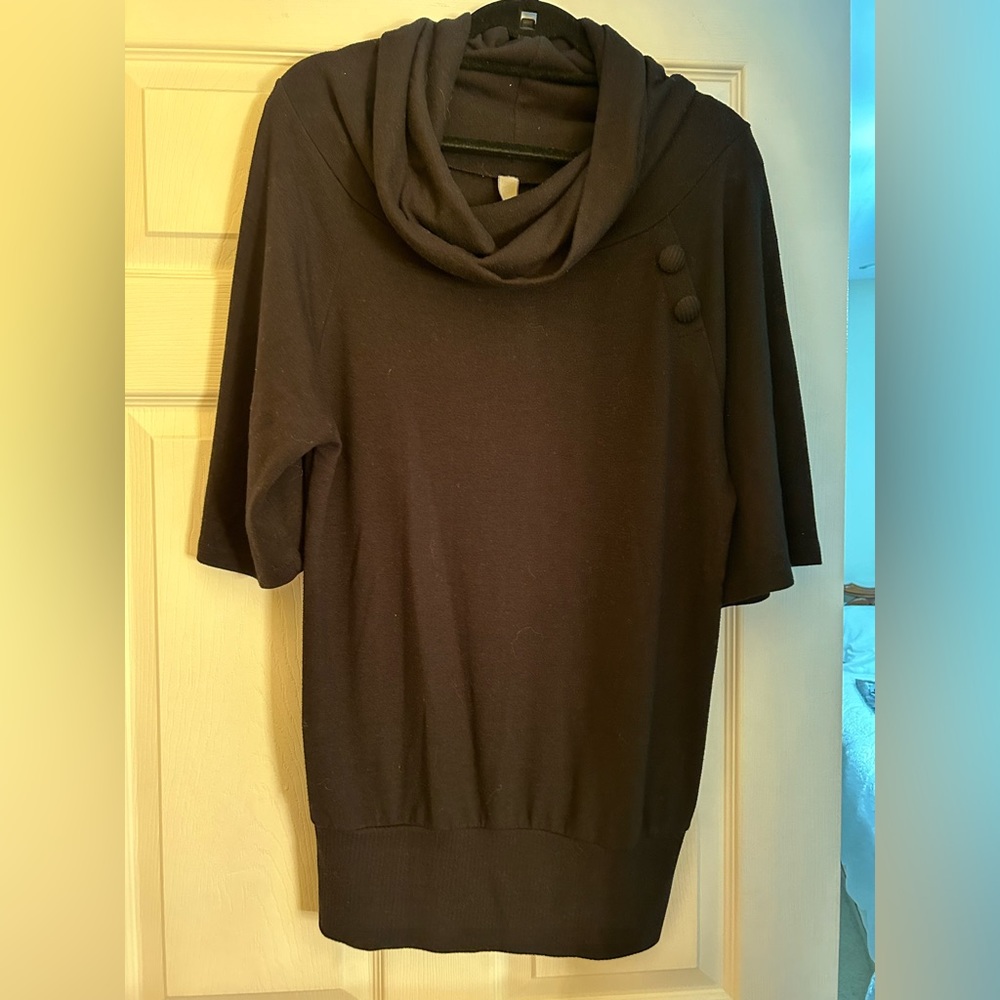 Black knit top with cowl neck; Super comfy; great with leggings or jeans;